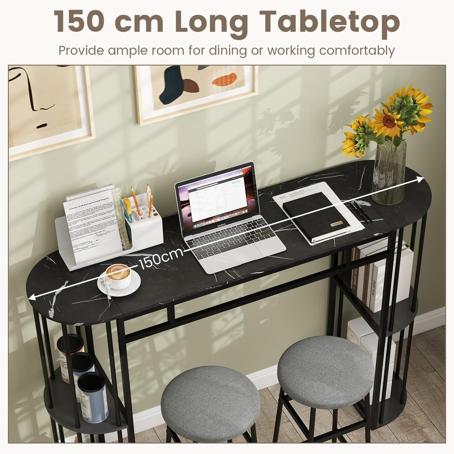 150cm Bar Table with Faux Marble Top & Side Shelves