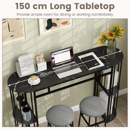 150cm Bar Table with Faux Marble Top & Side Shelves