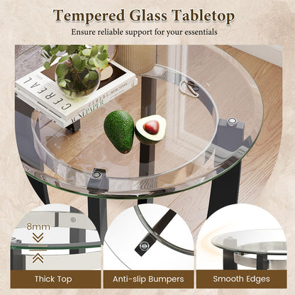 Tempered Glass End Table, Round Sofa Side Table with Rubber Wood Cross Base