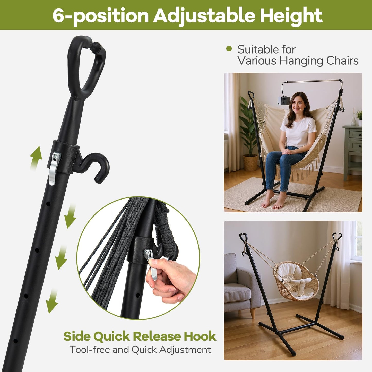 Hammock Chair with Stand and Phone Holder, 6-Level Height Adjustable Patio Swing Hammock