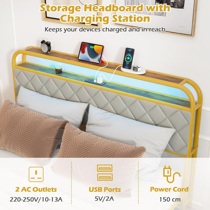 5FT King Size Bed Frame with RGB LED Lights, Charging Station