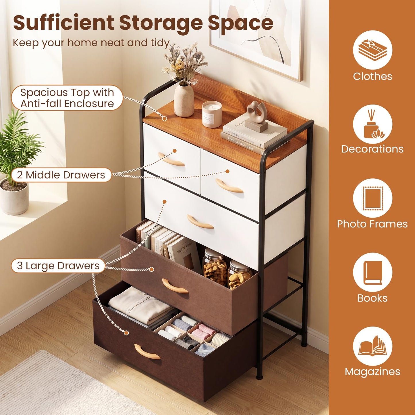 5-Drawer Tall Narrow Fabric Dresser with Removable Fabric Bins