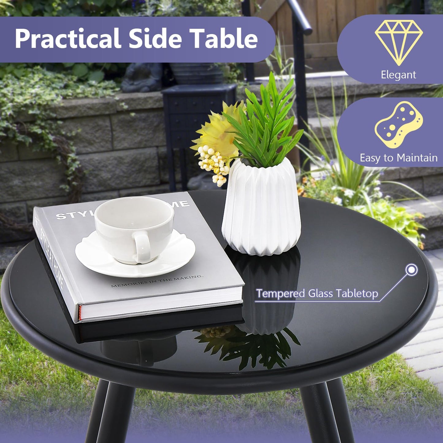 String Patio Bistro Set with 2 Chairs and Glass Coffee Table