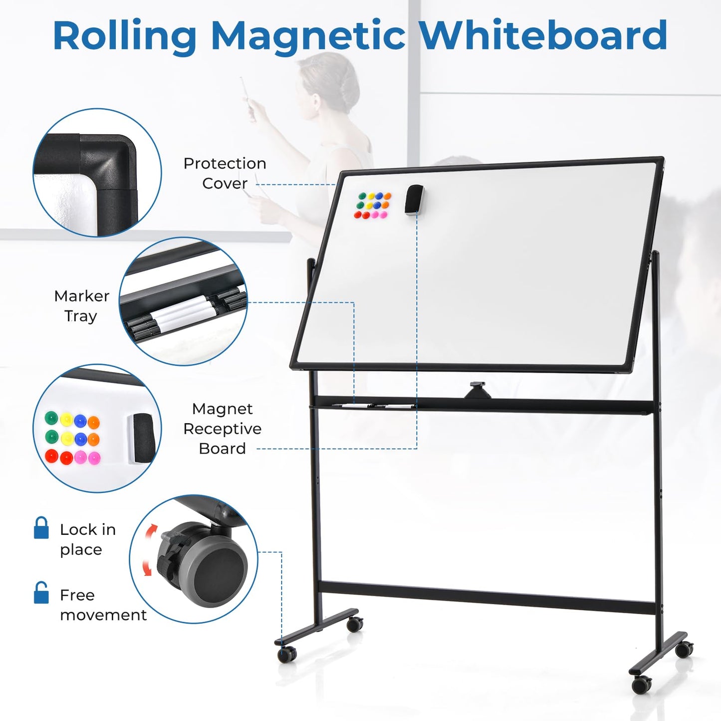 Reversible Mobile White Board with Adjustable Height