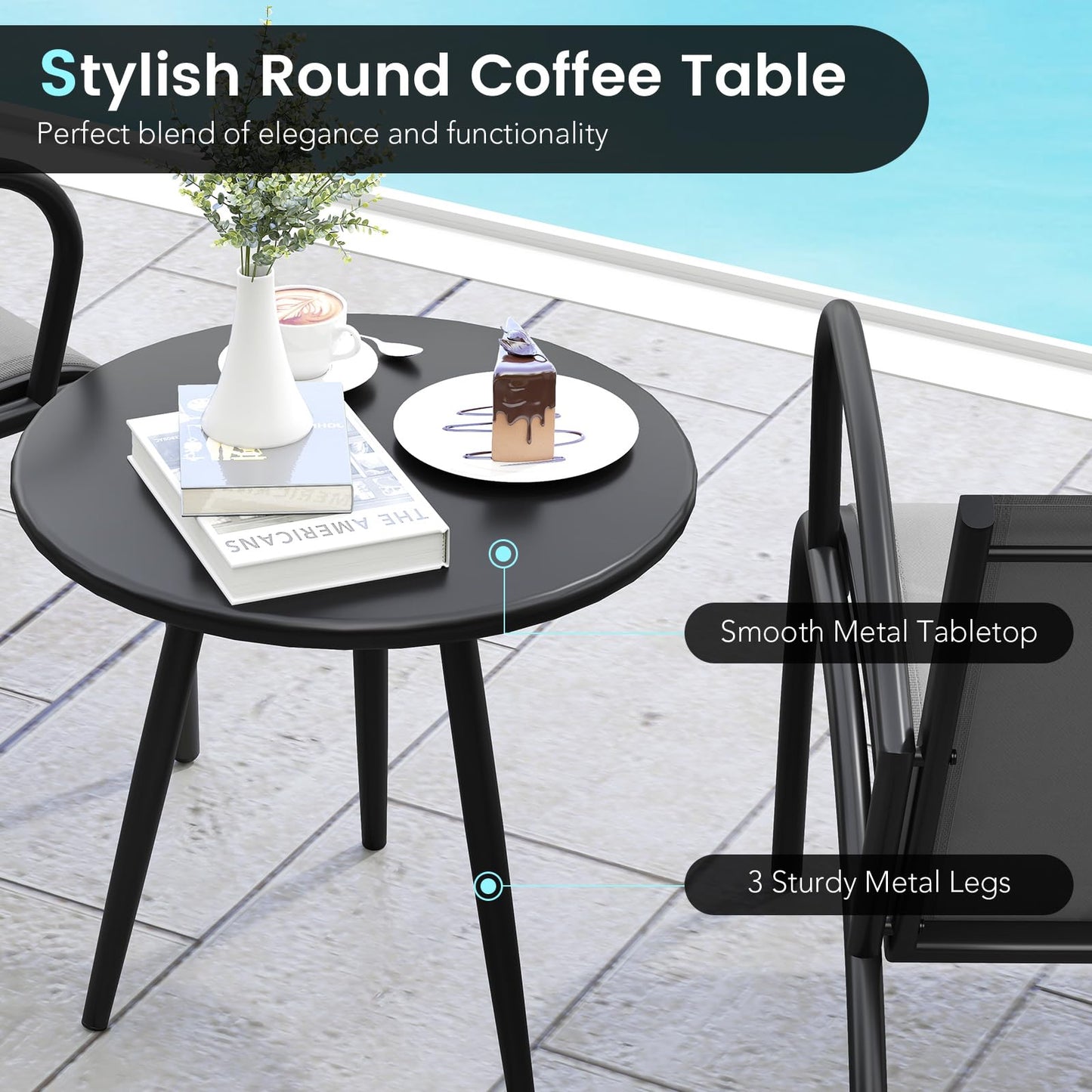 3 Piece Patio Chair Set Metal Aluminum Wide Armchair and Table Set