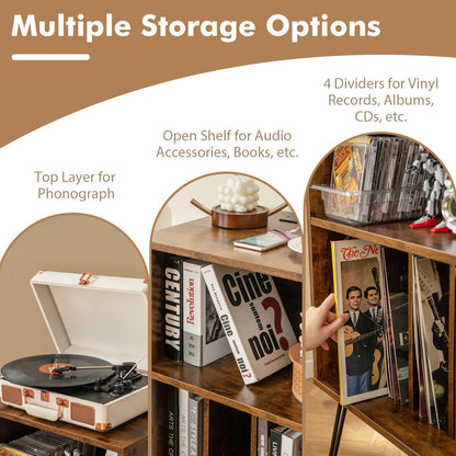 3 Tier Record Player Stand with Charging Station Shelf and 4 Dividers