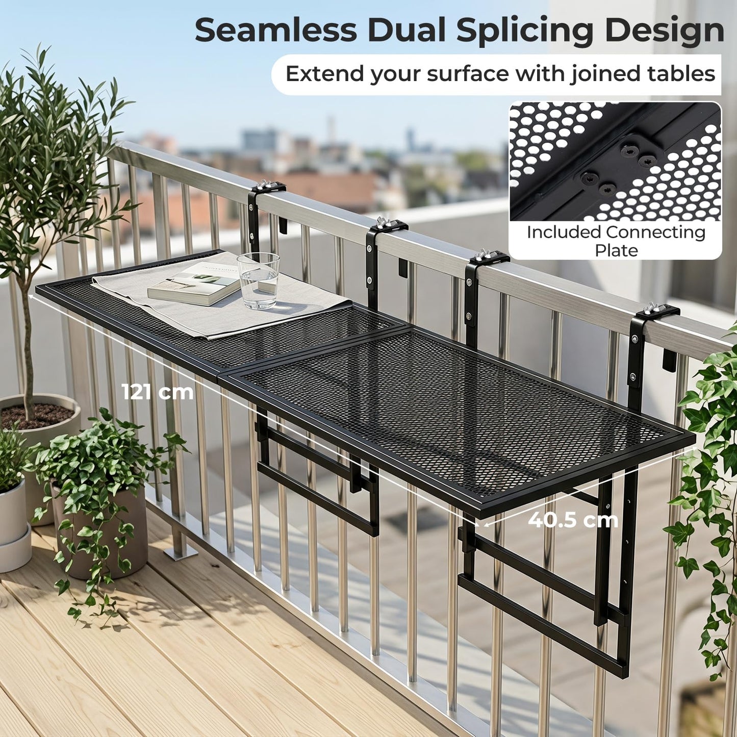 Set of 2 Hanging Balcony Table with 5-Level Adjustable Height for Round Square Railing