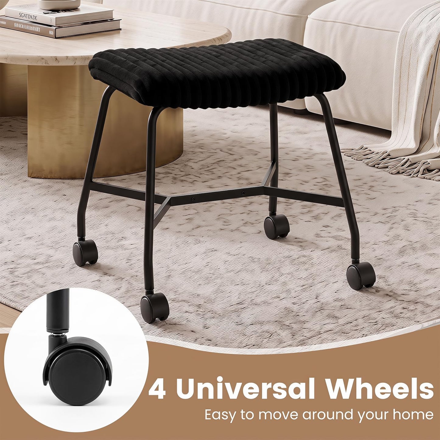Rolling Makeup Vanity Stool Set of 2, Plush Accent Footrest