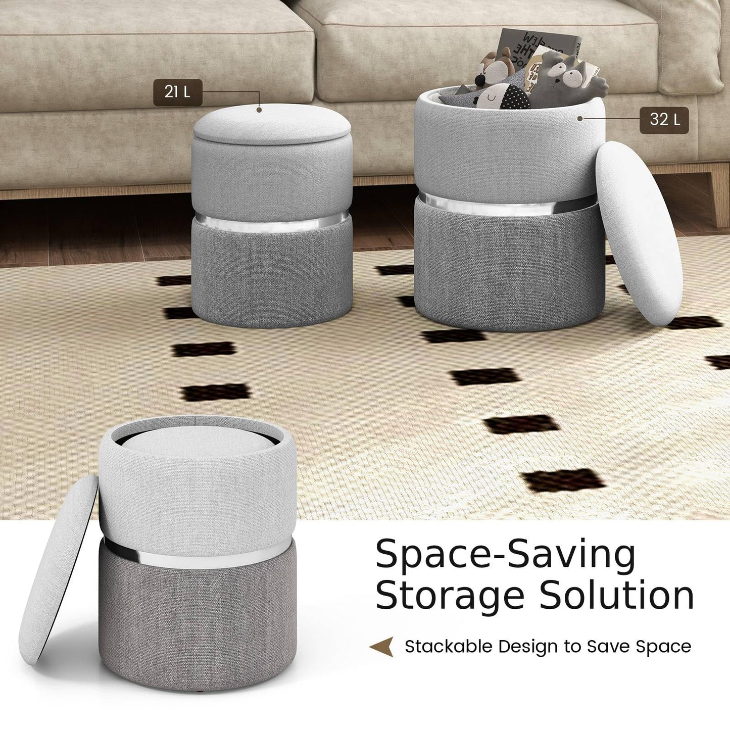 Modern Round Linen Fabric Storage Ottoman Set of 2