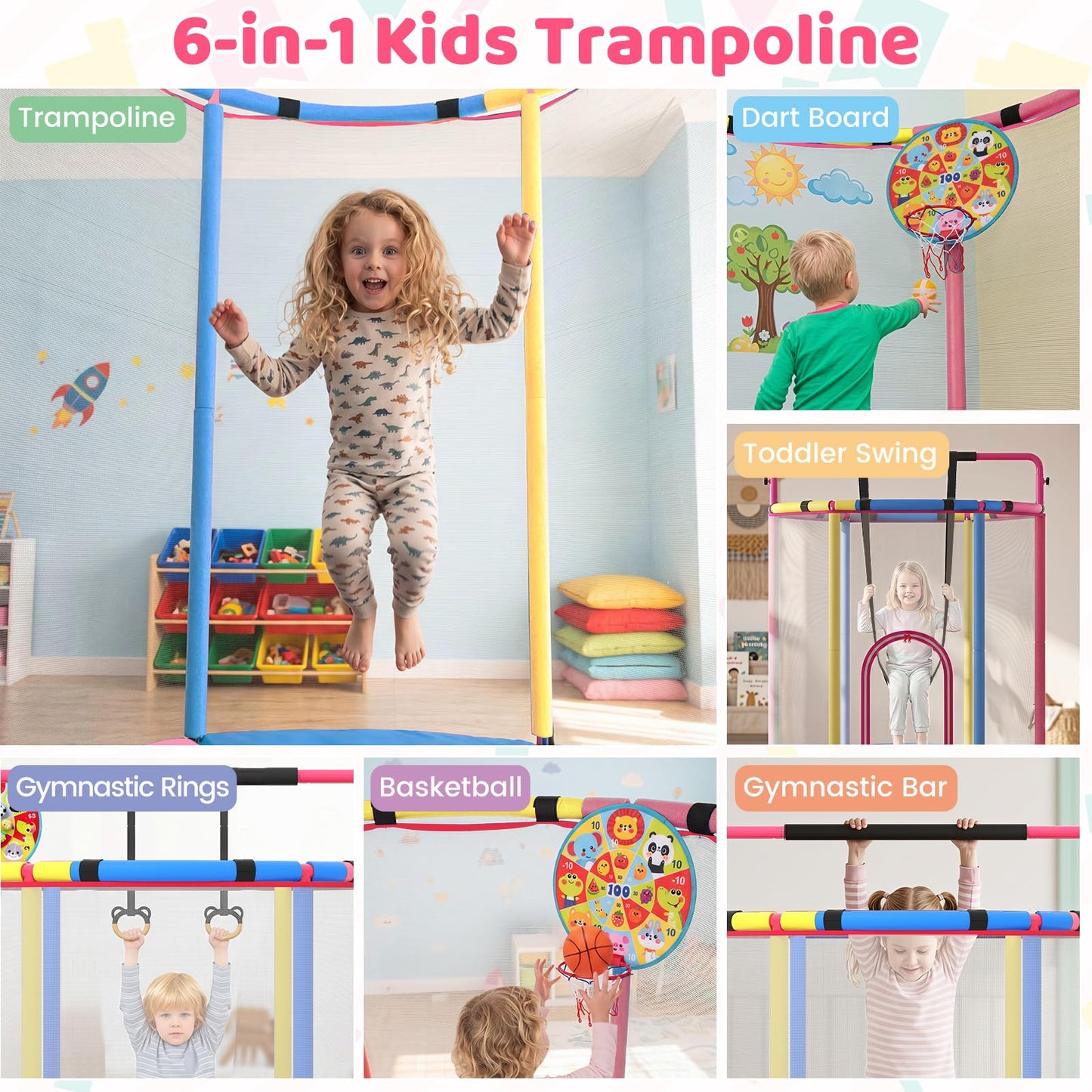 5FT Kids Trampoline, 6 in 1 Toddler Trampolines