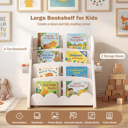 4-Tier Kids Bookshelf with Side Storage Boxes and Reversible Bottom Shelf
