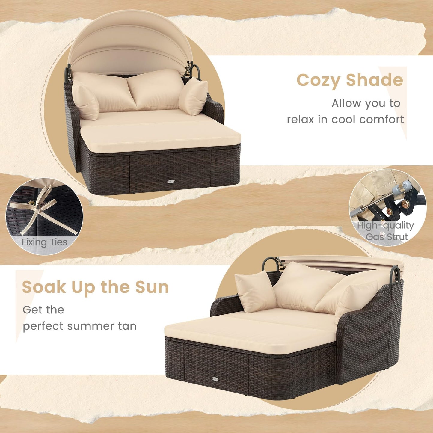 PE Rattan Daybed with Retractable Canopy and Soft Cushions for Backyard