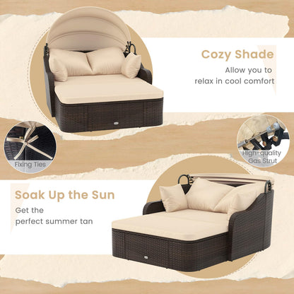 PE Rattan Daybed with Retractable Canopy and Soft Cushions for Backyard