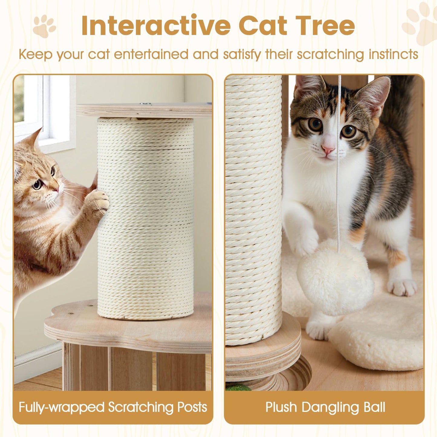 Wooden Cat Tree 3-Level Cute Kitten Tower with Condo Space Capsule Scratching Posts