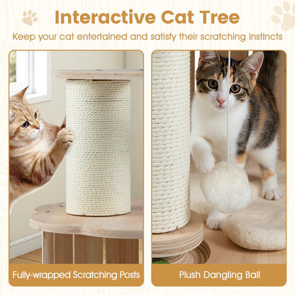 Wooden Cat Tree 3-Level Cute Kitten Tower with Condo Space Capsule Scratching Posts