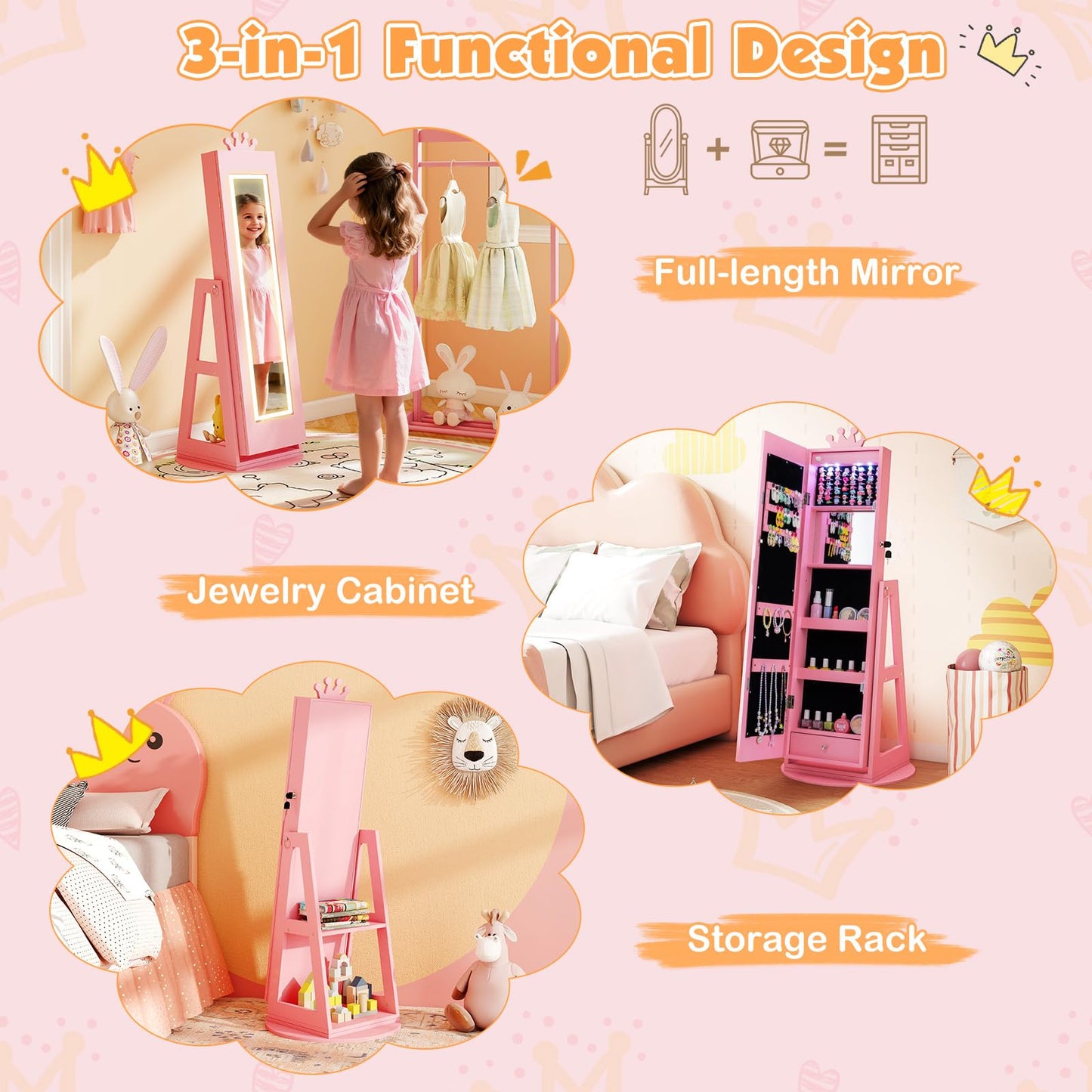 3 In 1 Kids Jewelry Cabinet 360° Swivel Jewelry Armoire with Mirror