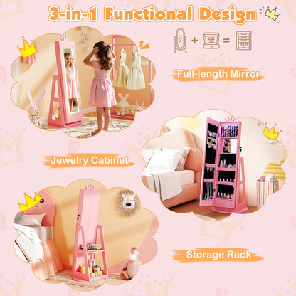 3 In 1 Kids Jewelry Cabinet 360° Swivel Jewelry Armoire with Mirror