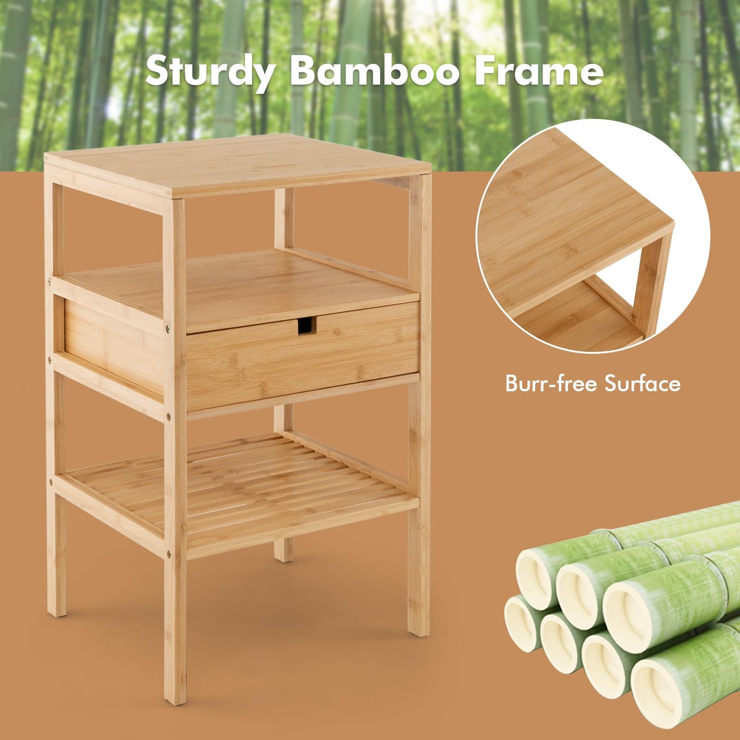 Set of 2 Multipurpose Bamboo Nightstand with Storage Drawer and Slatted Shelf