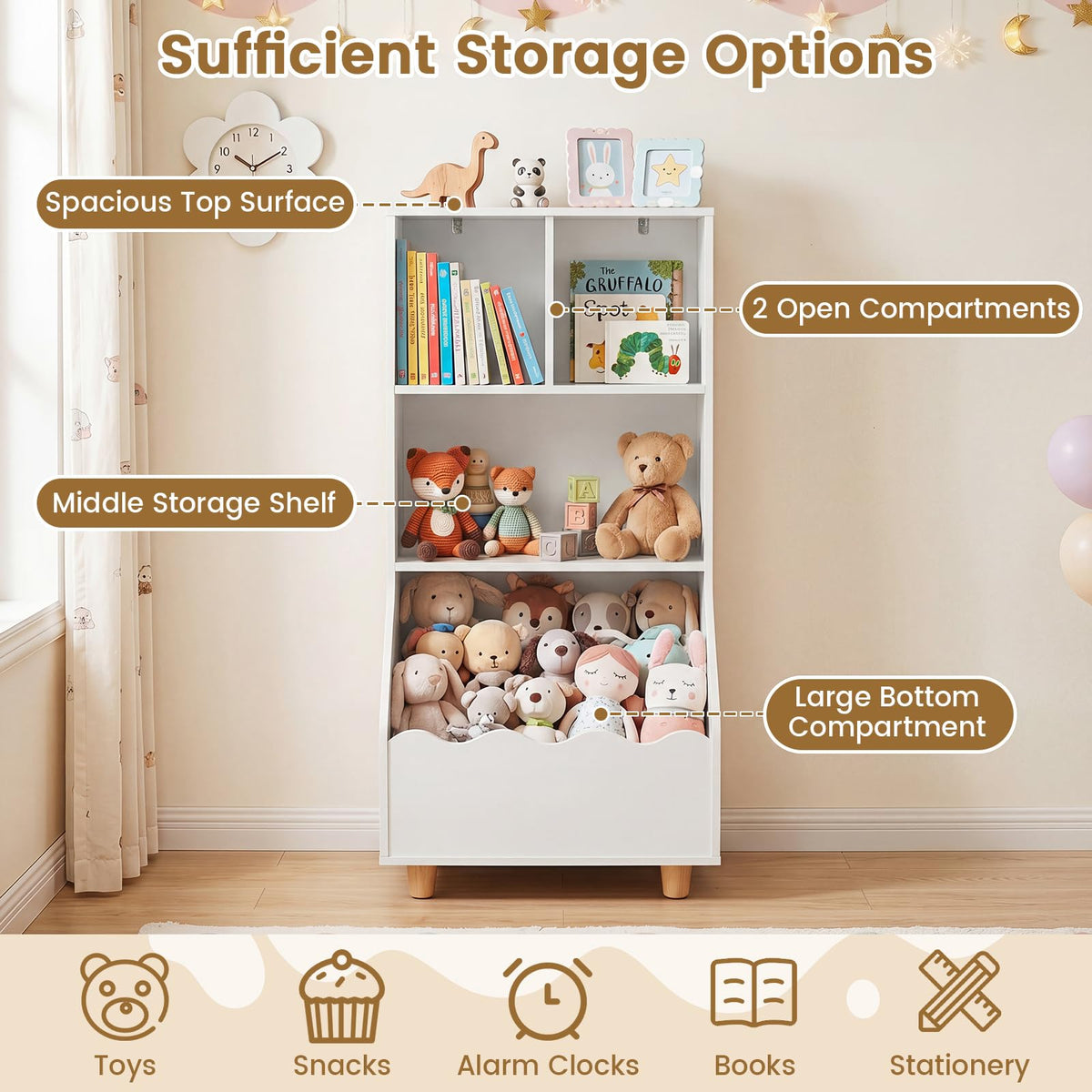 3-Tier Wooden Bookshelf with 2 Anti-Toppling Devices Top Surface and 3 Compartments