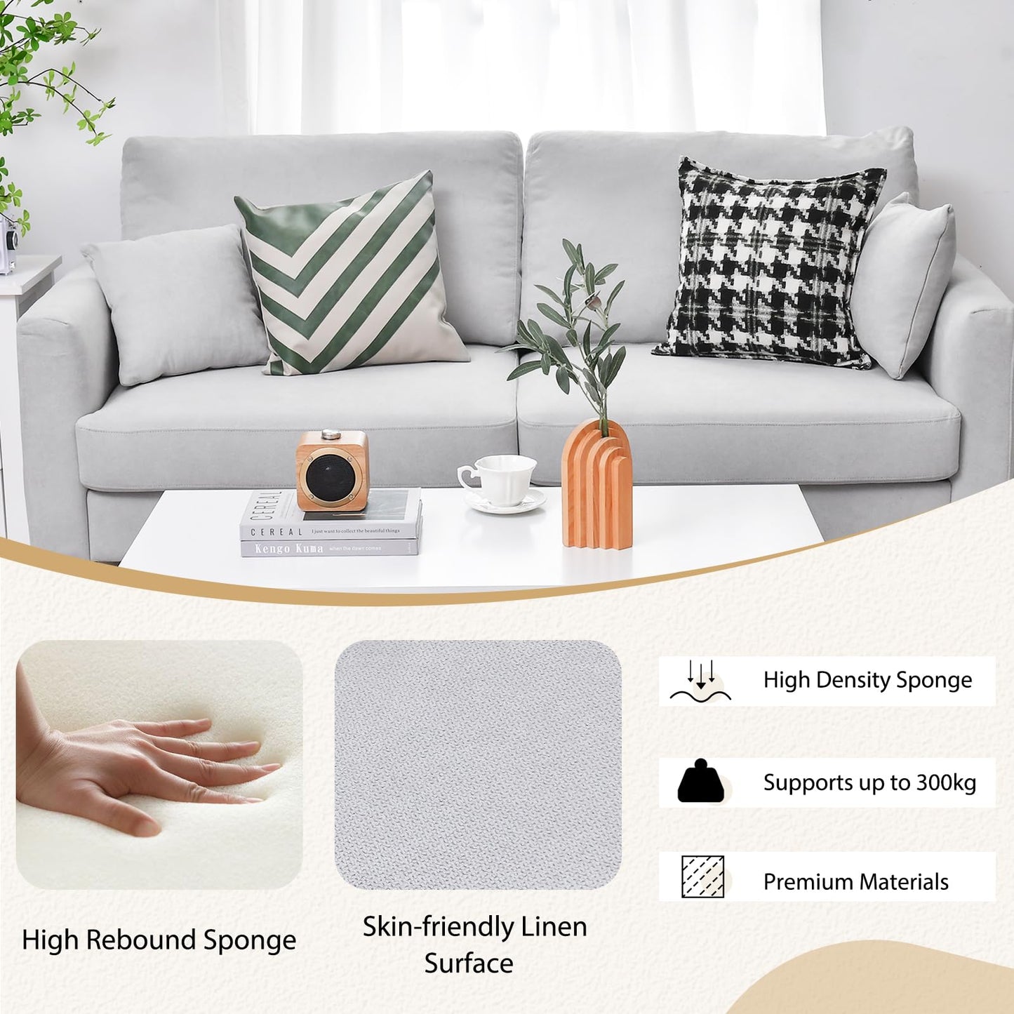 3 Seater Modern Upholstered Corner Sofa Couch with 2 Pillows and 6 Metal Legs