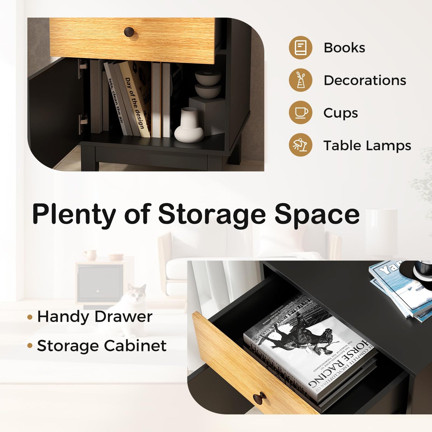 Modern Rattan Nightstand with Storage Drawer and Cabinet