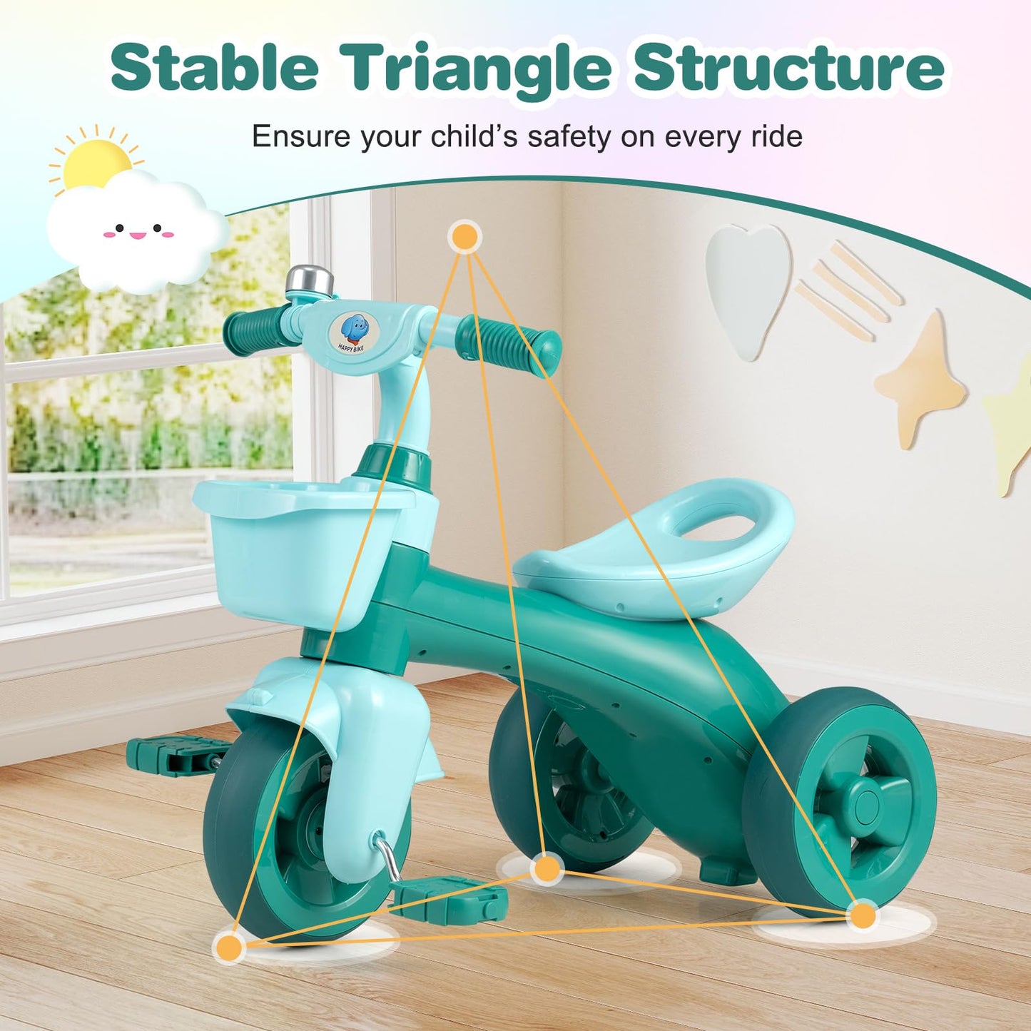 Kids Tricycle, Toddler Trike with Limited Steering, Ergonomic Seat, Bell