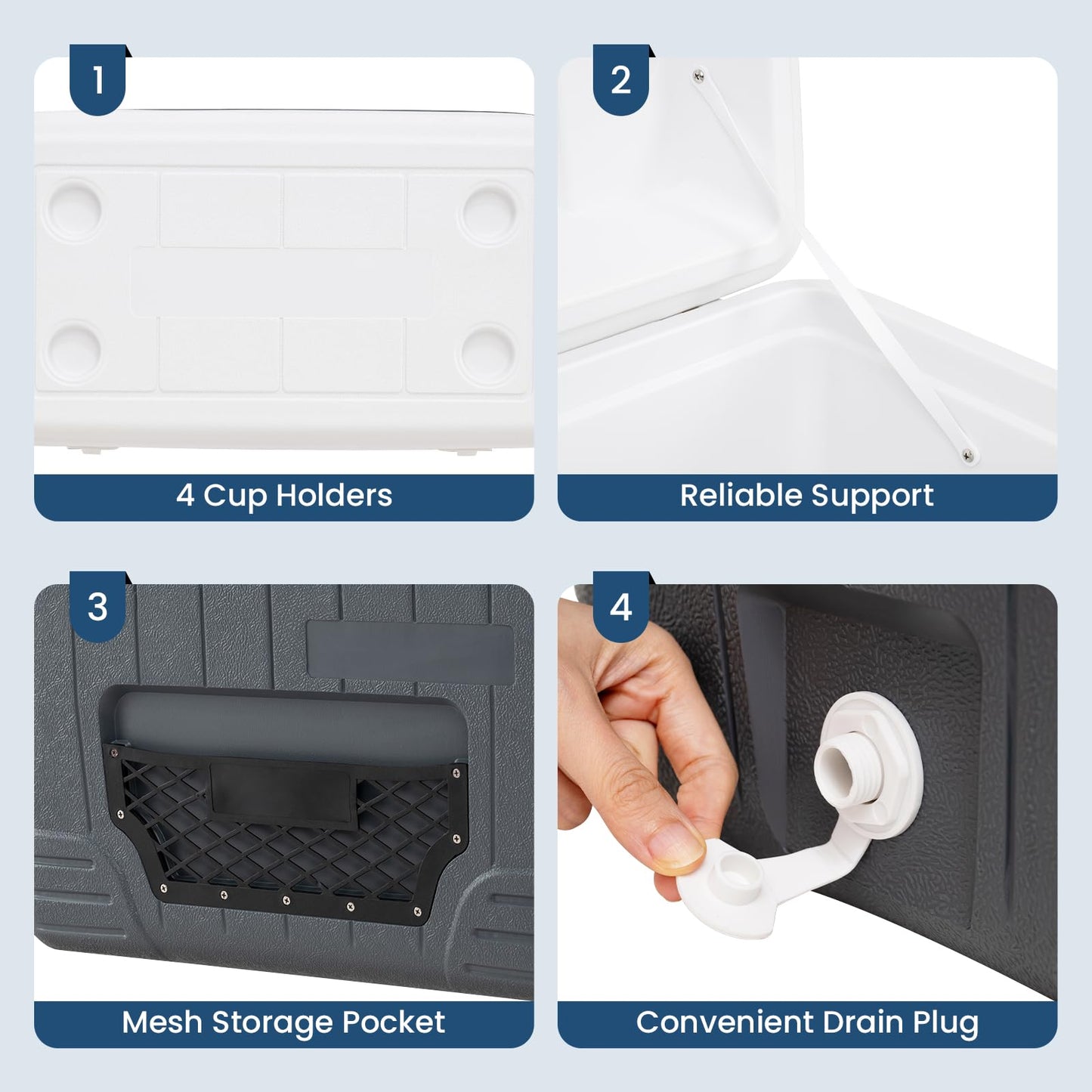 Cup Holders, Drain Plug & Mesh Storage Pocket, Portable Molded Leak-Proof Hard Cooler for Camping