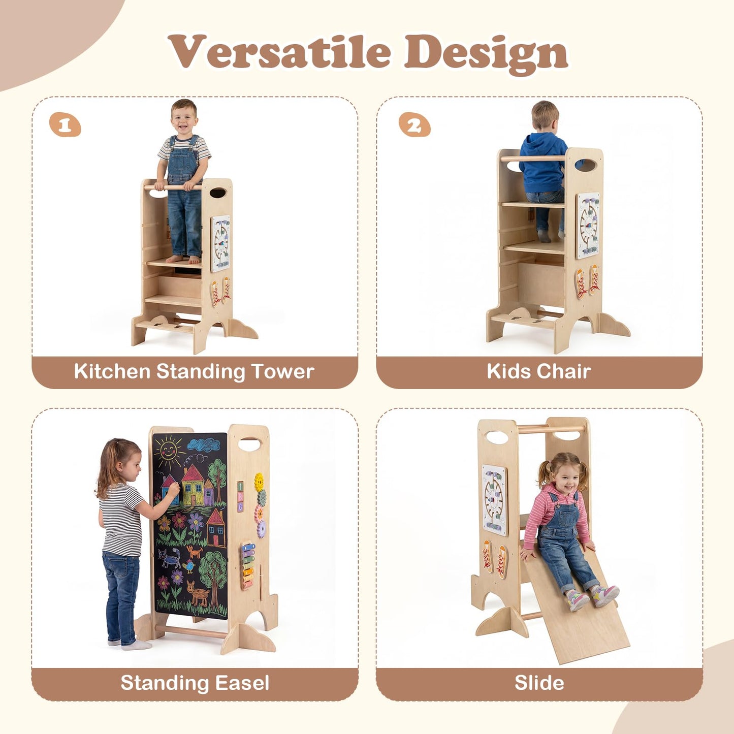 Toddler Step Stool Wooden Kids Standing Tower with Safety Rails