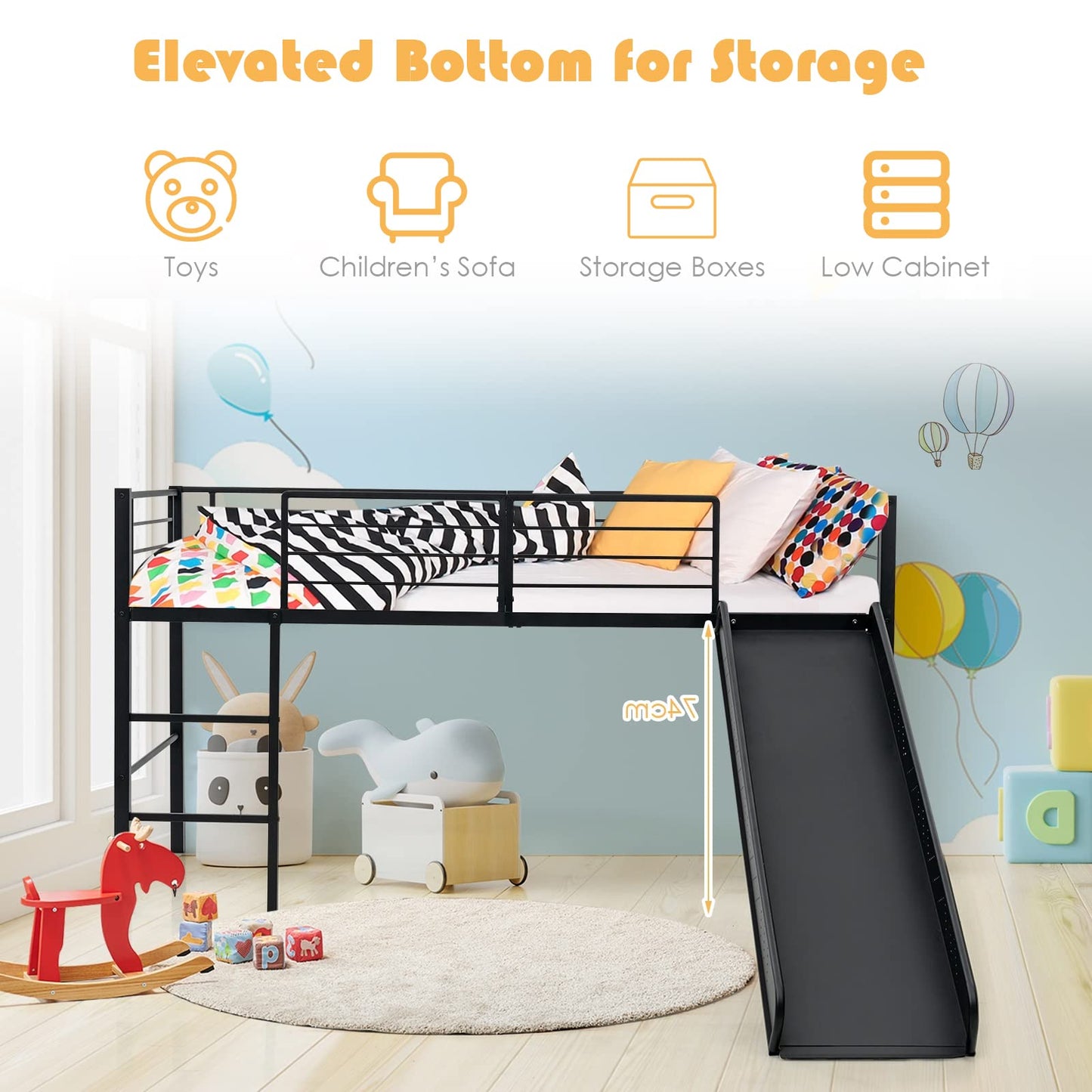 Sliding Loft Children Single Bed with Stairs and Safety Guardrails