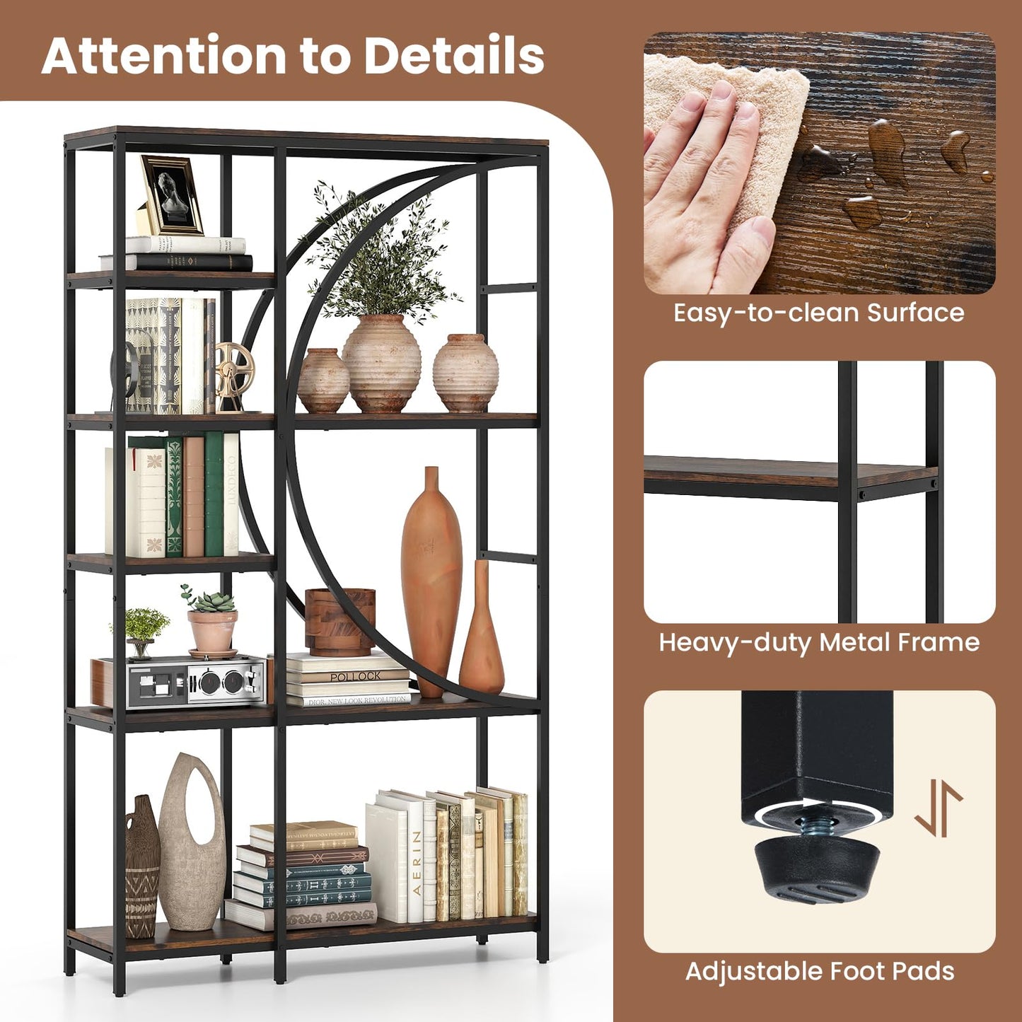 6-Tier Industrial Etagere Bookshelf with Open Storage Shelves and Arc-Shaped Design