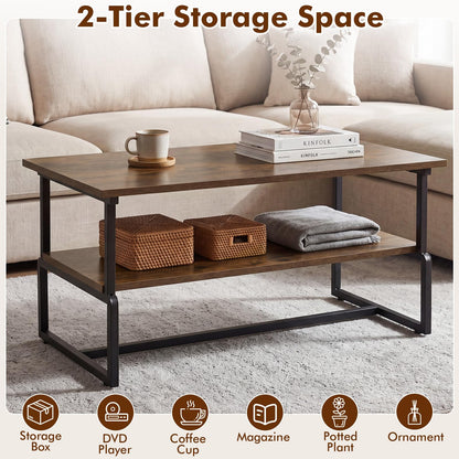 2-Tier Coffee Table, Industrial Rectangle Cocktail Center Table with Storage Shelf