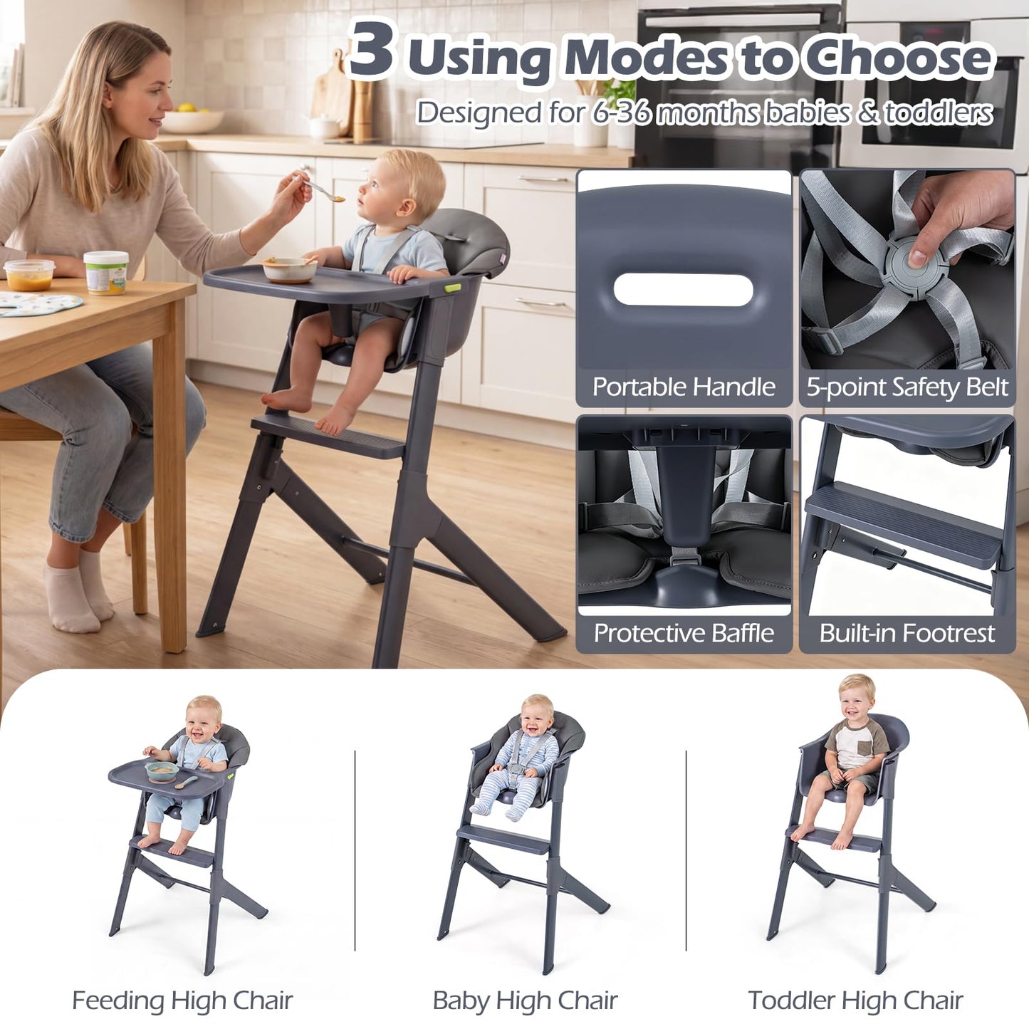 Baby High Chair, 3-in-1 Toddler Highchair with Adjustable Tray