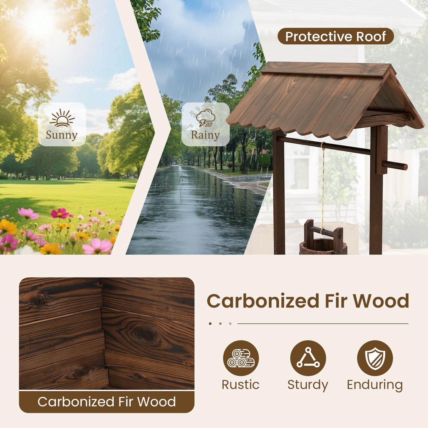 GiantexUK Wooden Wishing Well Planter, Garden Decoration Flower Pot with Hanging Bucket