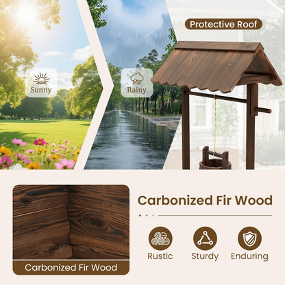 GiantexUK Wooden Wishing Well Planter, Garden Decoration Flower Pot with Hanging Bucket