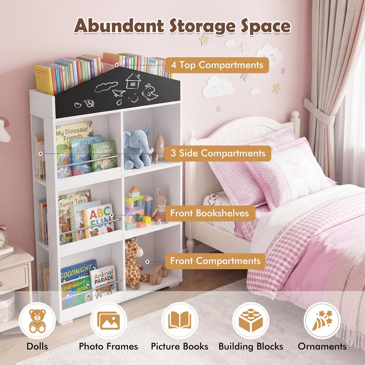 Kids Dollhouse Bookshelf with Chalkboard for Kids Room, Nursery, Playroom
