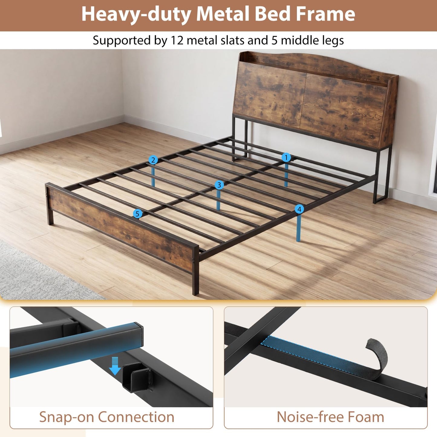 King Size Industrial Metal Platform Bed Frame with Charging Station and Storage Headboard