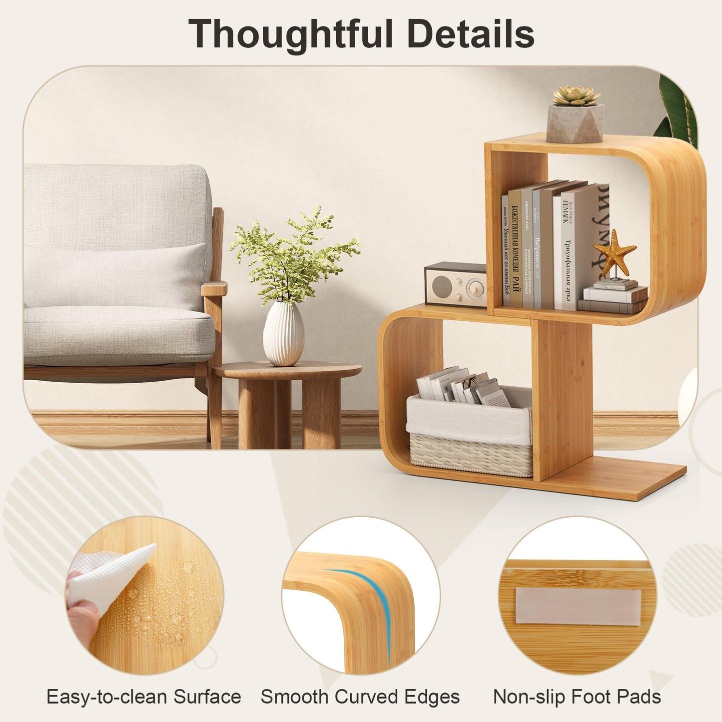 S Shaped Bookcase Bamboo Bookshelf Decorative Storage Organizer