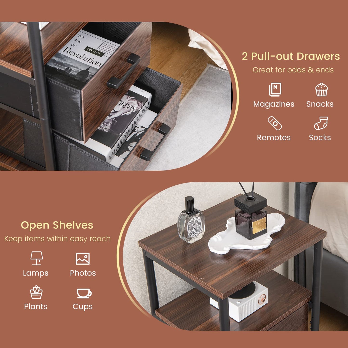 Metal Frame Bedside Table with Open Shelf and 2 Drawers