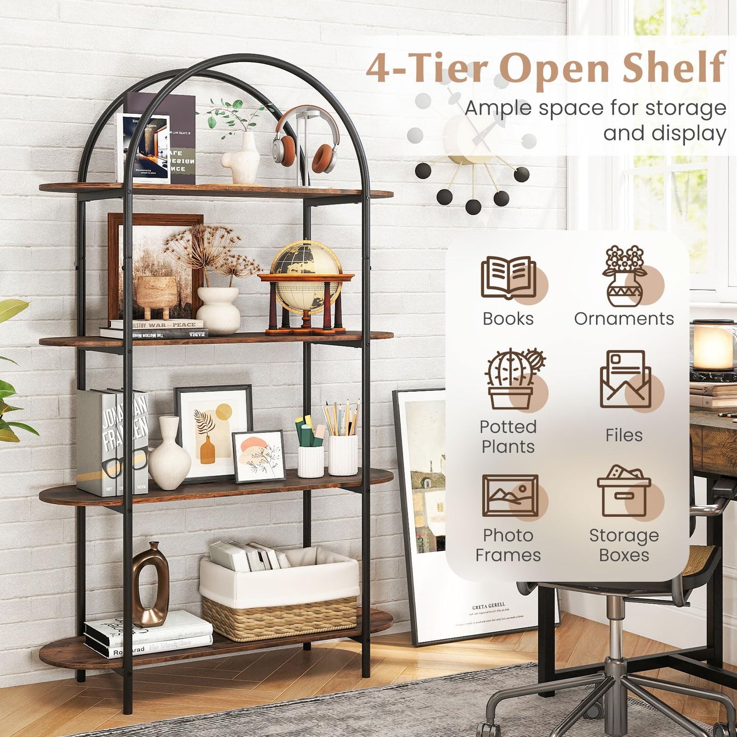 4-Tier Arched Bookshelf, 156cm Metal Frame Bookcase Shelving Unit