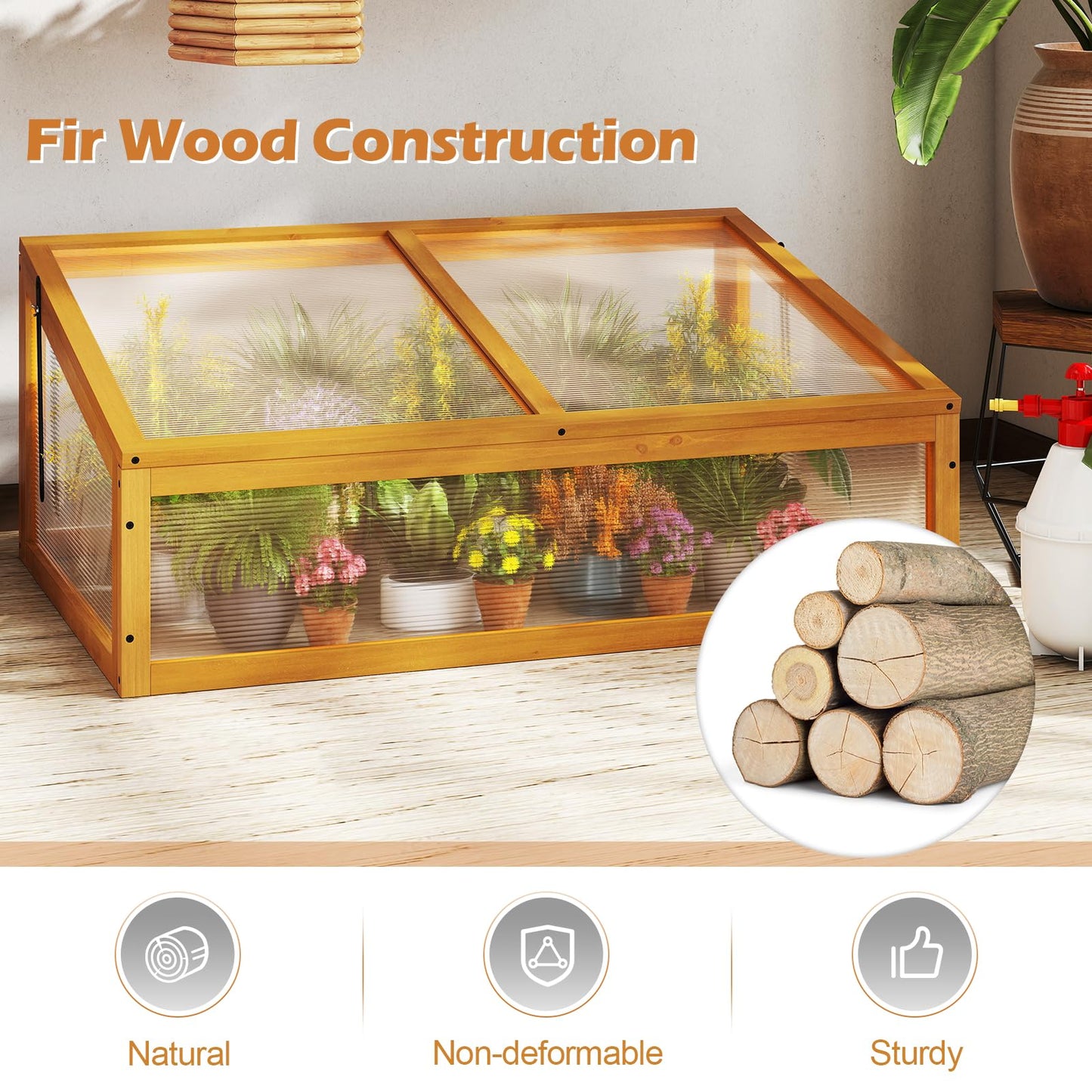 Wood Greenhouse, Garden Polycarbonate Cold Frame with Transparent Flip-top Roof