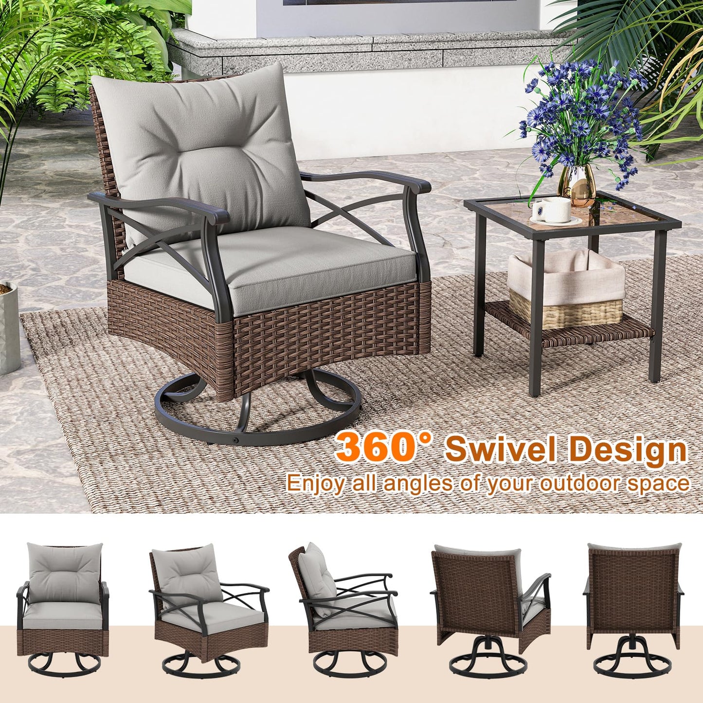 3 Piece Patio Swivel Rocker Set with 2-Tier Coffee Table