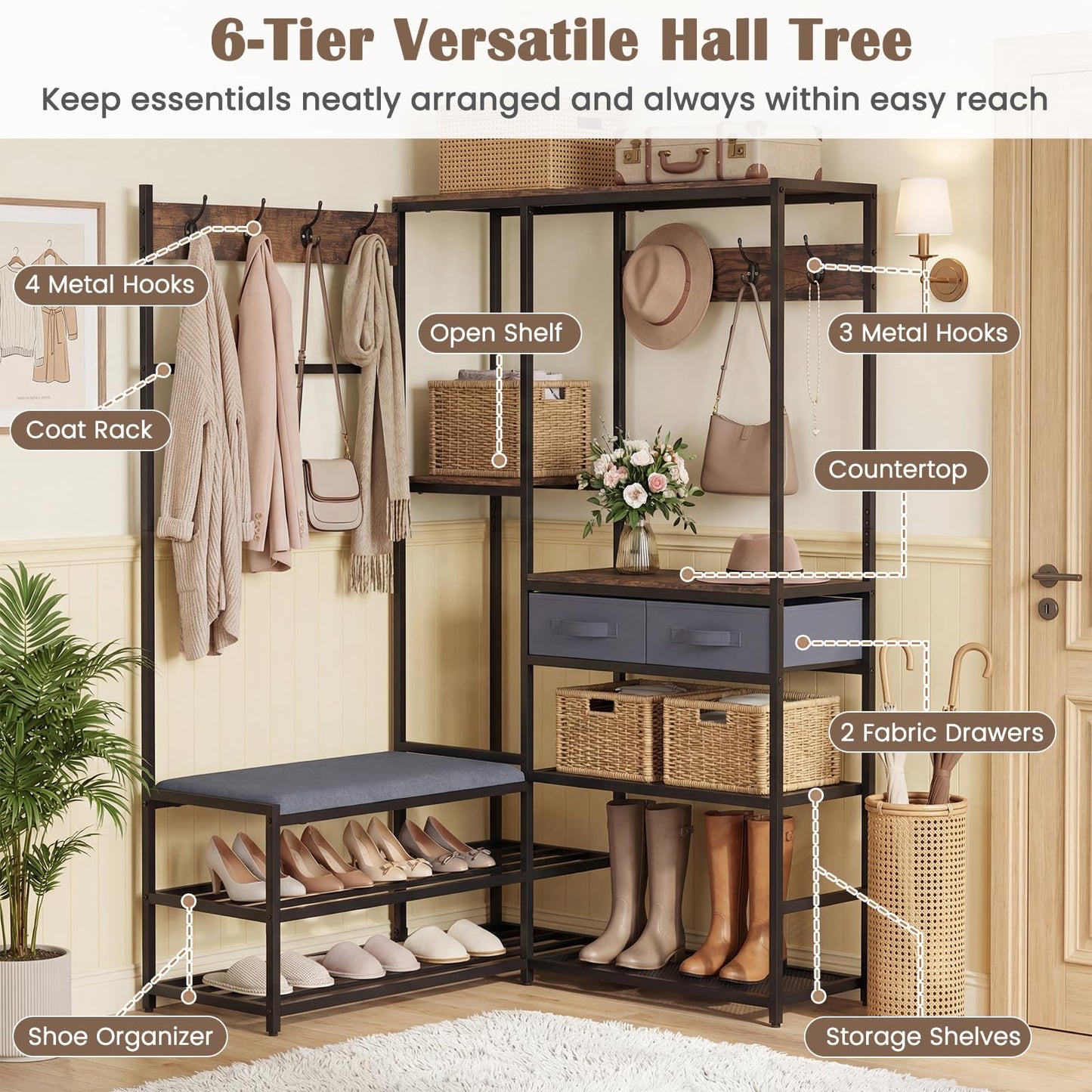Corner Hall Tree, Coat Rack Stand with Shoe Storage Bench, Shelves