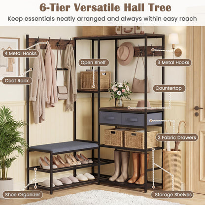 Corner Hall Tree, Coat Rack Stand with Shoe Storage Bench, Shelves