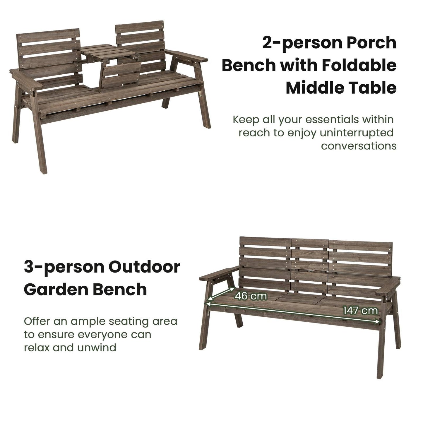 Fir Wood Patio Park Bench Slatted Seat with Foldable Middle Table for 2-3 Person
