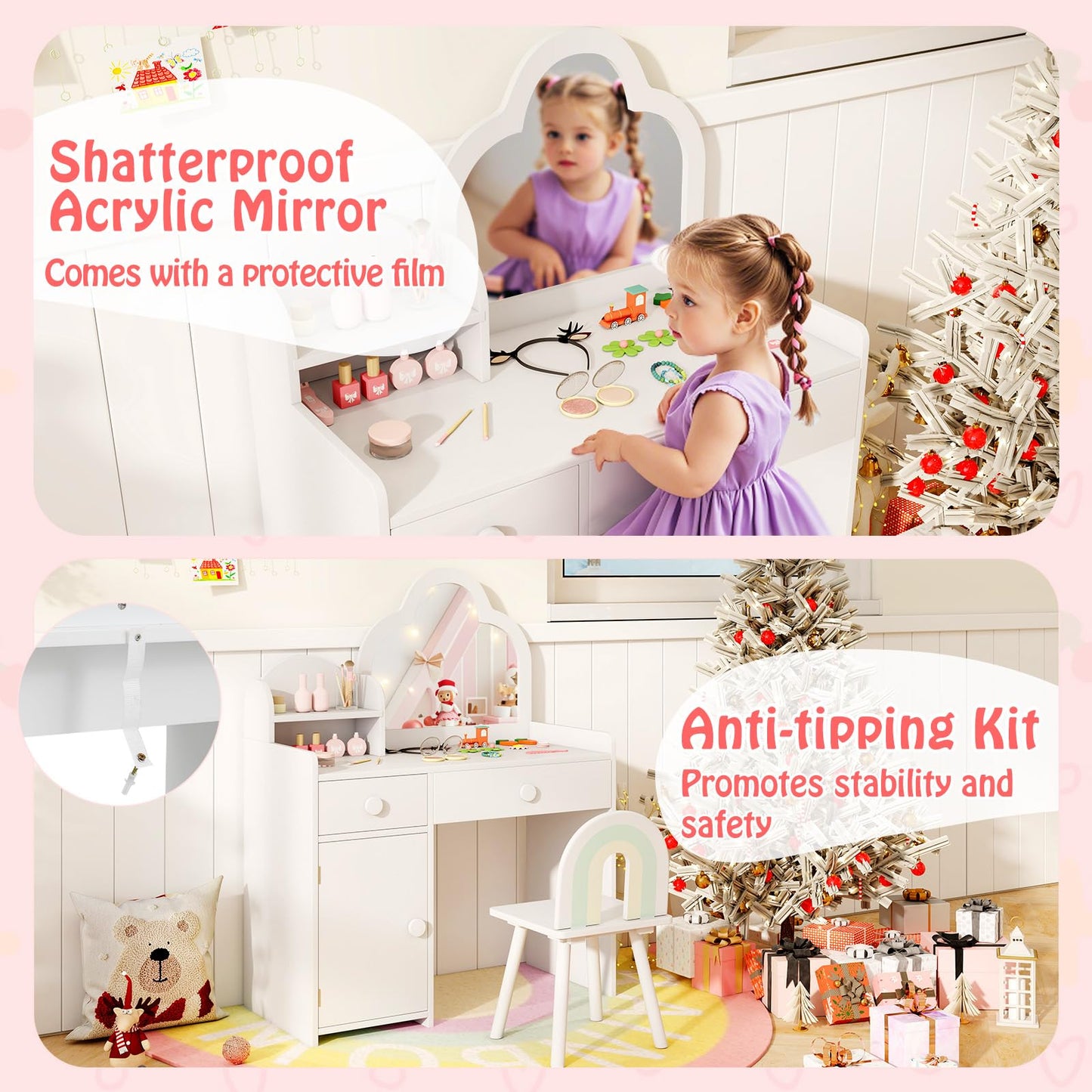 Kids Vanity Table and Chair Set with Cloud-shaped Mirror and Shelf Drawers