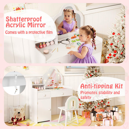 Kids Vanity Table and Chair Set with Cloud-shaped Mirror and Shelf Drawers