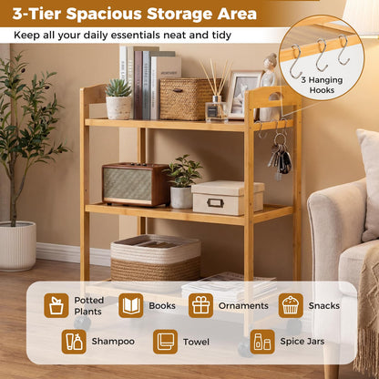 3-Tier Bamboo Rolling Cart with 2 Lockable Wheels and 3 Hooks for Kitchen
