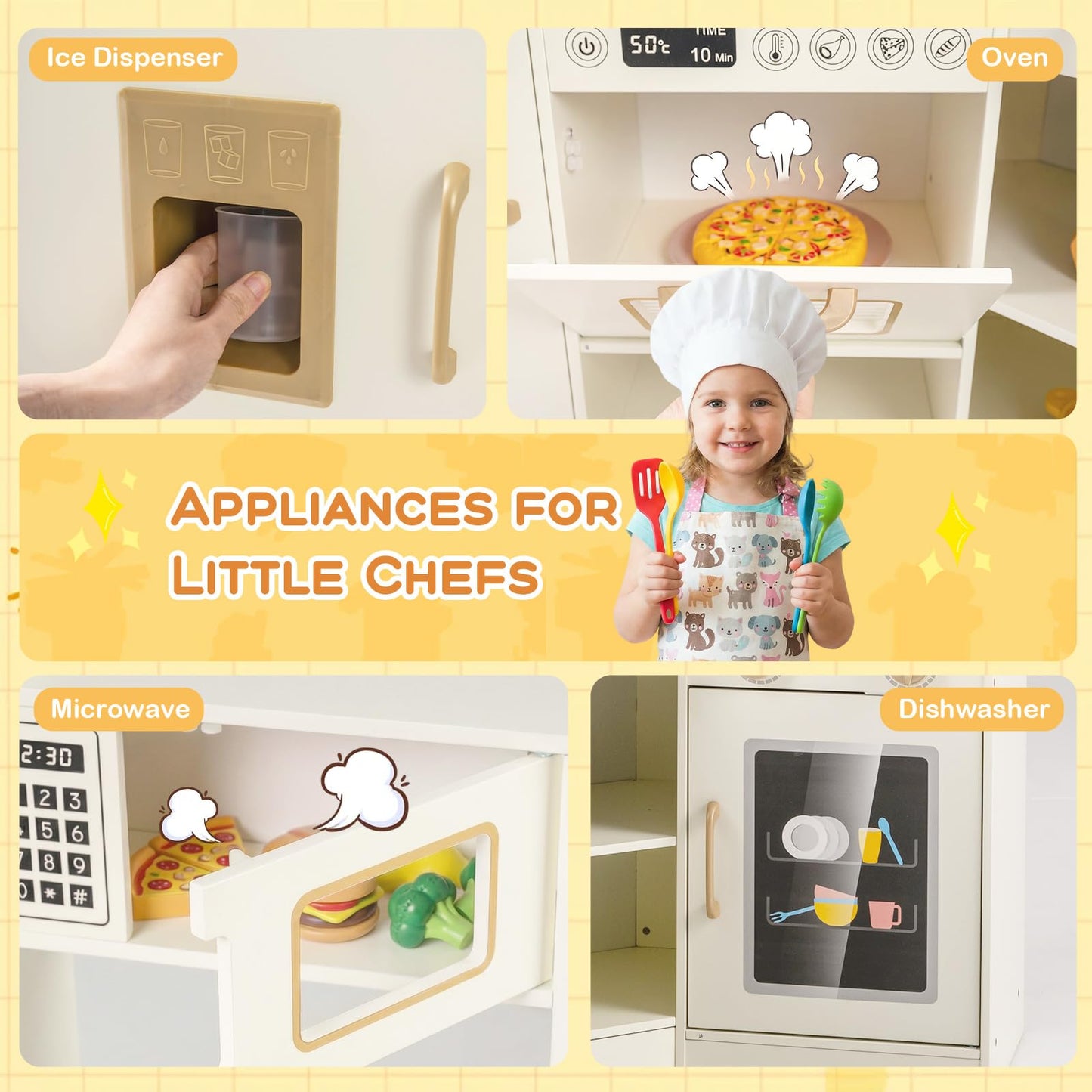 Pretend Play Corner Kitchen Set with Ice Dispenser Stoves for Boys Girls 3+