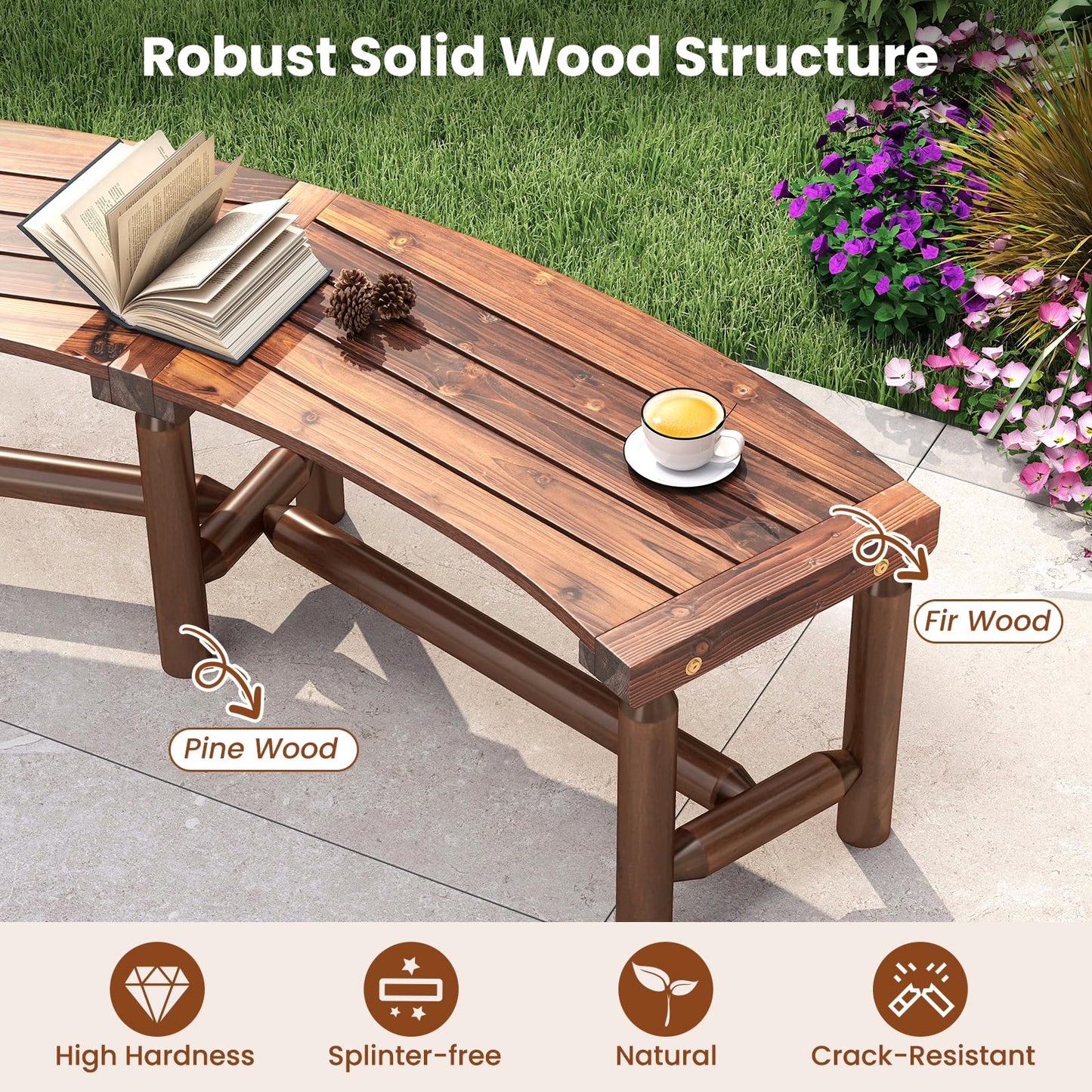 2-3 People Garden Bench, Wooden Curved Fire Pit Bench, Outdoor Loveseat Leisure Porch Seating