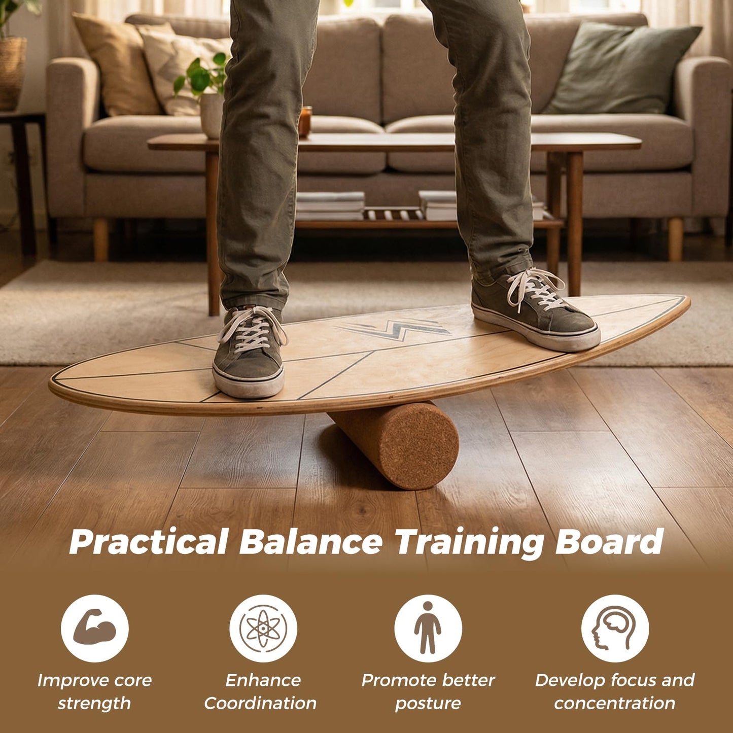 Wooden Balance Board, Surfing Skate Balance Trainer with Roller